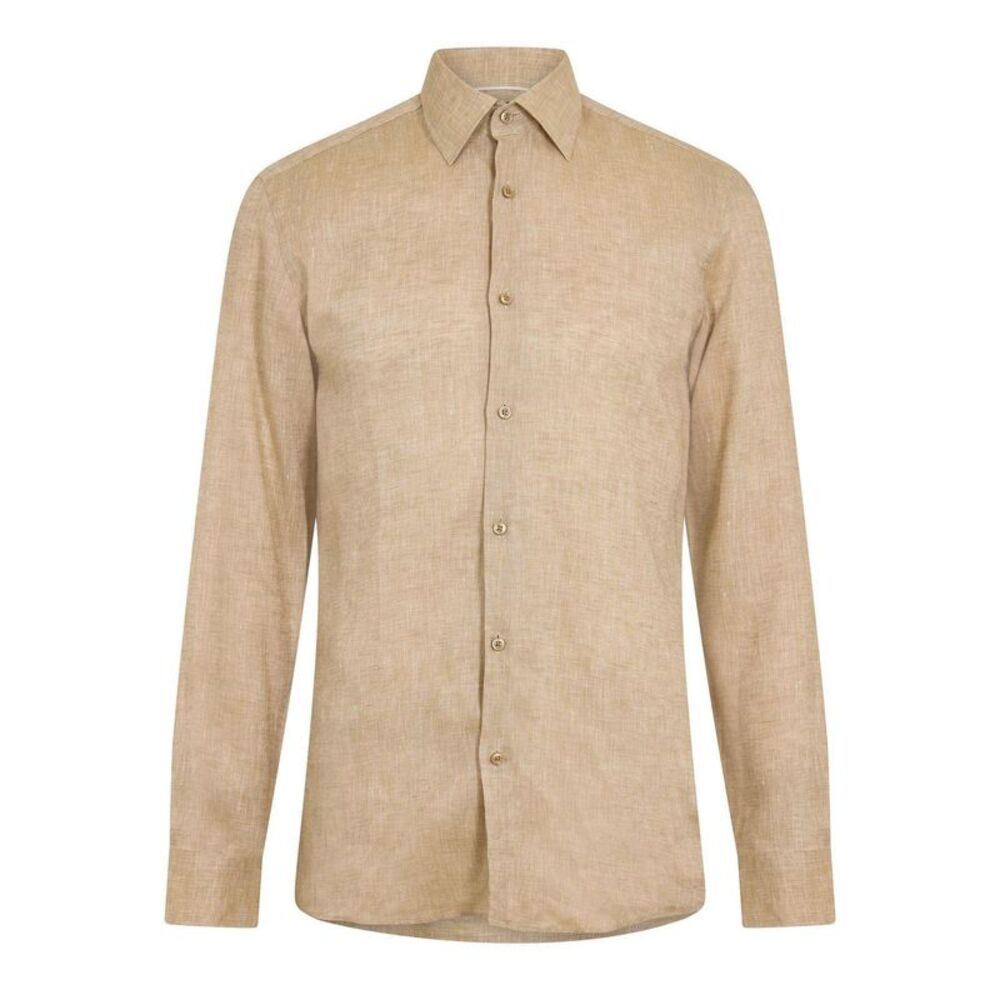 Boss Mens Linen Point Collar Long-Sleeved Formal Shirt / Light Beige